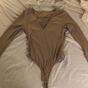 Long sleeve tan suede bodysuit